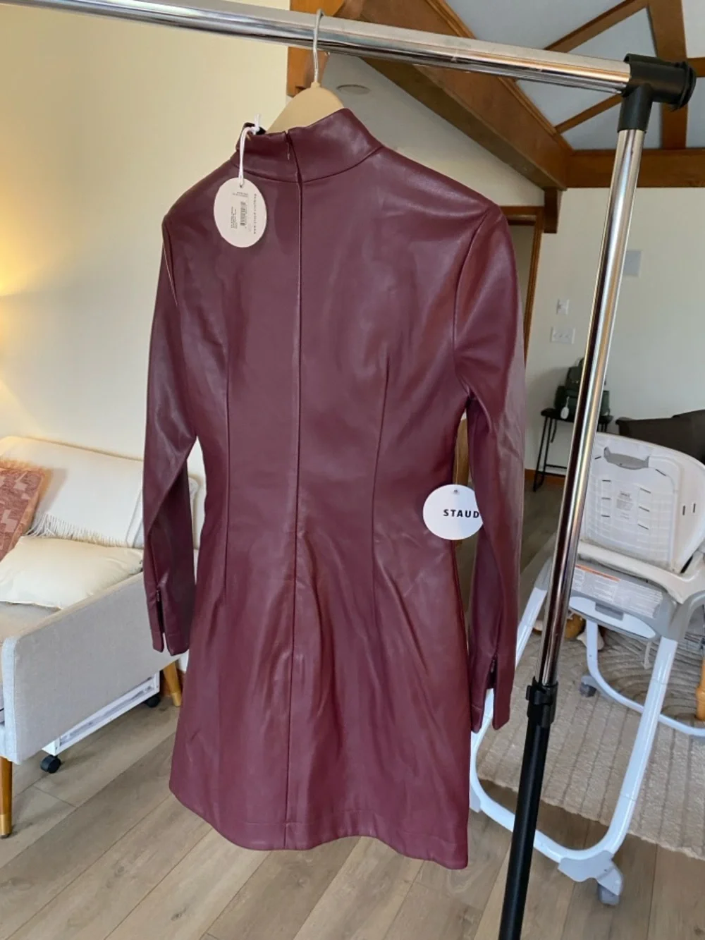 STAUD Burgundy Long Sleeve Leather Tunic Dress - Picture 2 of 5